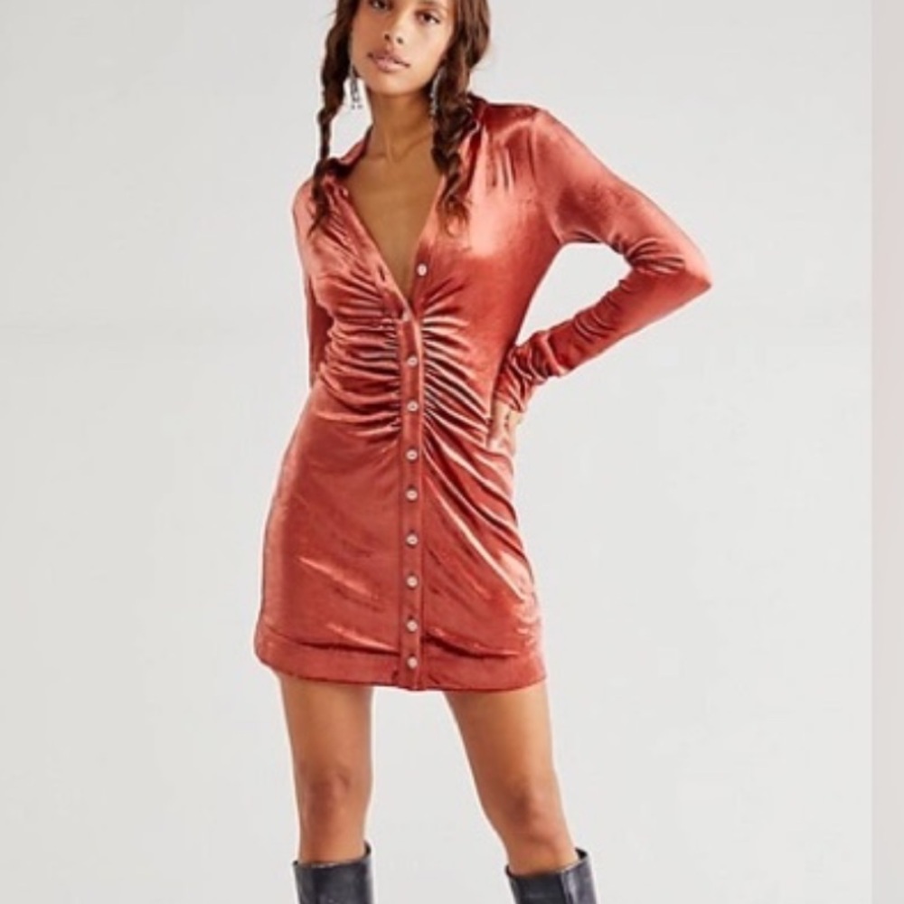 Free People Shayla Velvet Mini Dress Burnt Orange Ruched Button Front Size M